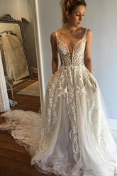 Deep V-Neck Lace Appliques A-Line Wedding Dresses with Pockets
