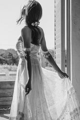 Flowy Off-the-Shoulder Strapless Lace Beach Boho Wedding Dress