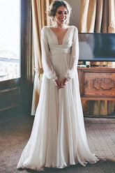 Elegant V-Neck Chiffon Long Sleeve Beach Wedding Dress