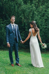 Cap Sleeve Sheath V-Neck Backless Wedding Dress with Lace