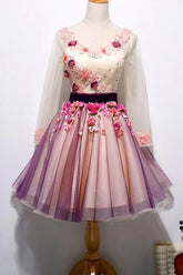 Chic 3D Floral Long Sleeve Tulle Short Prom Homecoming Dress