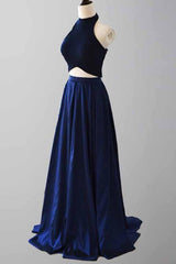 Elegant Two-Piece Halter A-Line Royal Blue Satin Prom Dress