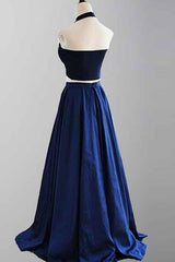 Elegant Two-Piece Halter A-Line Royal Blue Satin Prom Dress