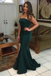 Dark Green Elastic Satin Mermaid Strapless Prom Dress