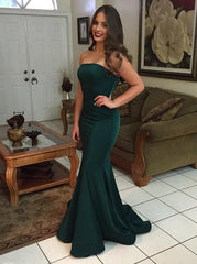 Dark Green Elastic Satin Mermaid Strapless Prom Dress