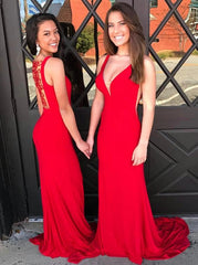 Elastic Satin Sheath Scoop Neck Red Prom Dress with Beaded Back