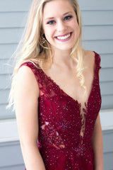 Burgundy A-Line V-Neck Applique Beaded Long Prom Dress with Slit
