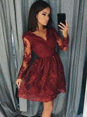 Burgundy Long Sleeve Lace Short Homecoming Dress