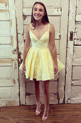 Double Straps V-Neck Yellow Short Prom Homecoming Dress