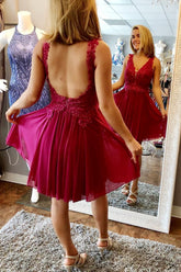 Fuchsia Chiffon Backless Short Prom Dress with Appliques