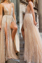 Flowy Glitter Sparkle Backless Prom Dress with Split