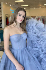 Dusty Blue Tulle Strapless Layered Prom Dress