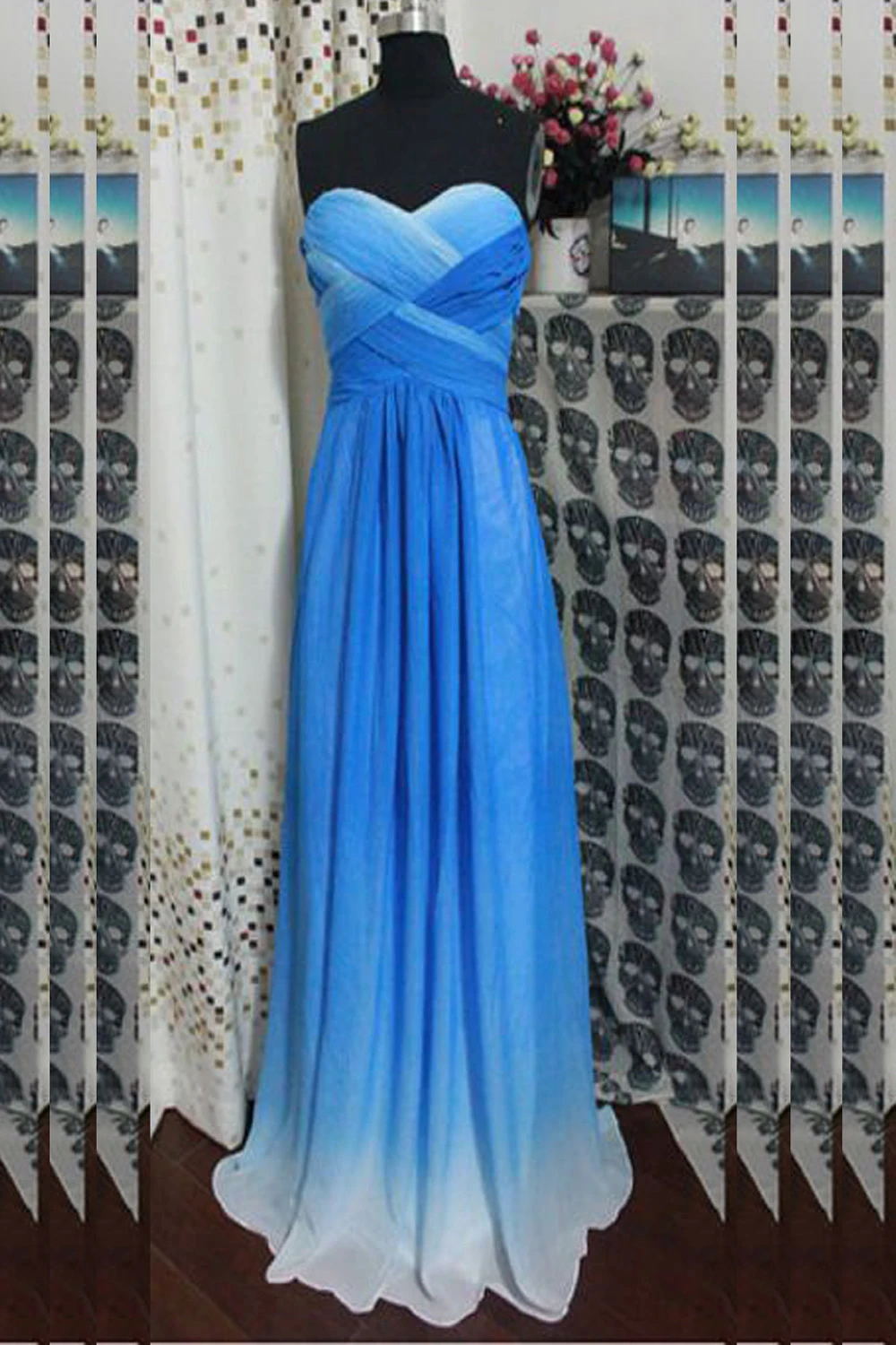 Cut-Out Beaded Back Long Prom Dress with Sweetheart Blue Ombre Design