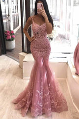 Dusty Pink Mermaid Lace Tulle Long Evening Dress