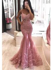 Dusty Pink Mermaid Lace Tulle Long Evening Dress
