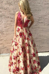 Deep V-Neck Long Backless Prom Dress with Beading Embroidery Floral