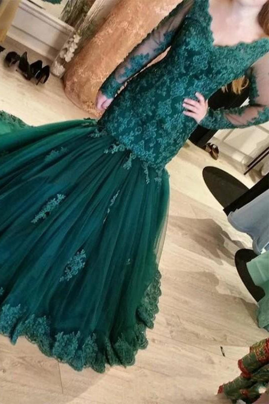 Dark Green Mermaid Evening Dresses, Tulle Long Sleeves Appliques Party Gowns