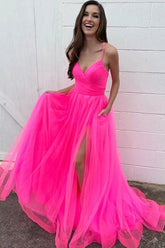 Fluorescent Fuchsia Spaghetti Straps Long Prom Dresses with Split