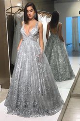 Deep V-Neck Long Sequins Prom Dresses, Backless Formal Dress with Pockets