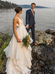 Deep V-Neck Plus Size Organza Wedding Dress with Stripes and Open Back