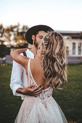 Flowy A-Line V-Neck Boho Wedding Dress with Appliques Beading