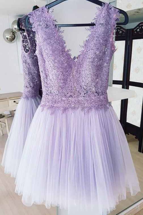 Cute A-Line V-Neck Lace Top Tulle Lilac Short Homecoming Dress