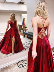 Burgundy Backless Long Prom Dress, A-Line V-Neck Formal Evening Dress