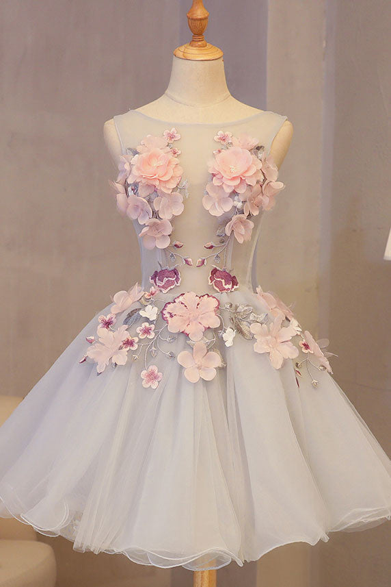 Cute Floral Homecoming Dress, A-Line Round Neck Short Party Dress