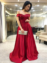 Elegant Off-Shoulder Burgundy Satin Prom Dress with Ruched Bodice