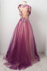 Charming 3D Floral Applique Grape Tulle Long Prom Dress, Formal Gown