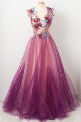 Charming 3D Floral Applique Grape Tulle Long Prom Dress, Formal Gown