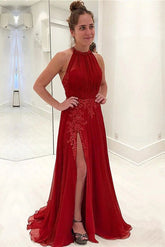 Delicate Halter Chiffon Red Prom Dress with Appliques and Split