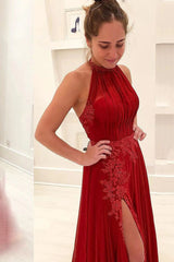 Delicate Halter Chiffon Red Prom Dress with Appliques and Split