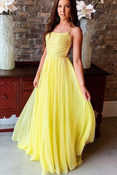 Flowy Yellow Chiffon Long Backless Prom Dress