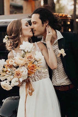 Flowy A-Line V-Neck Tulle Backless Rustic Wedding Dress with Pearls