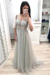 A-Line V-Neck Beaded Tulle Long Prom Dress with Half Sleeves