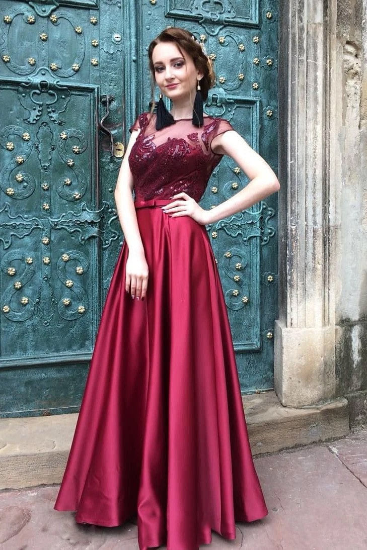 Burgundy Satin Cap Sleeve Illusion Bateau Long Prom Dress