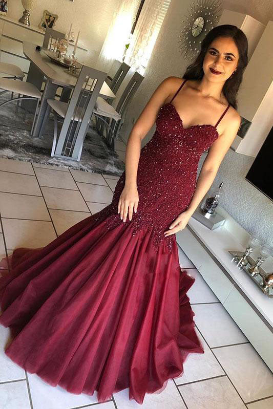 Burgundy Mermaid Prom Dress with Beads and Lace Spaghetti Straps