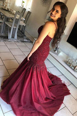 Burgundy Mermaid Prom Dress with Beads and Lace Spaghetti Straps