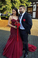 Burgundy Mermaid Prom Dress with Beads and Lace Spaghetti Straps