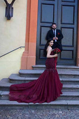 Burgundy Mermaid Prom Dress with Beads and Lace Spaghetti Straps