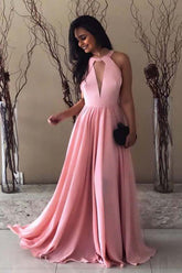 Elegant Sleeveless Round Neck Chiffon Long Pink Prom Dress
