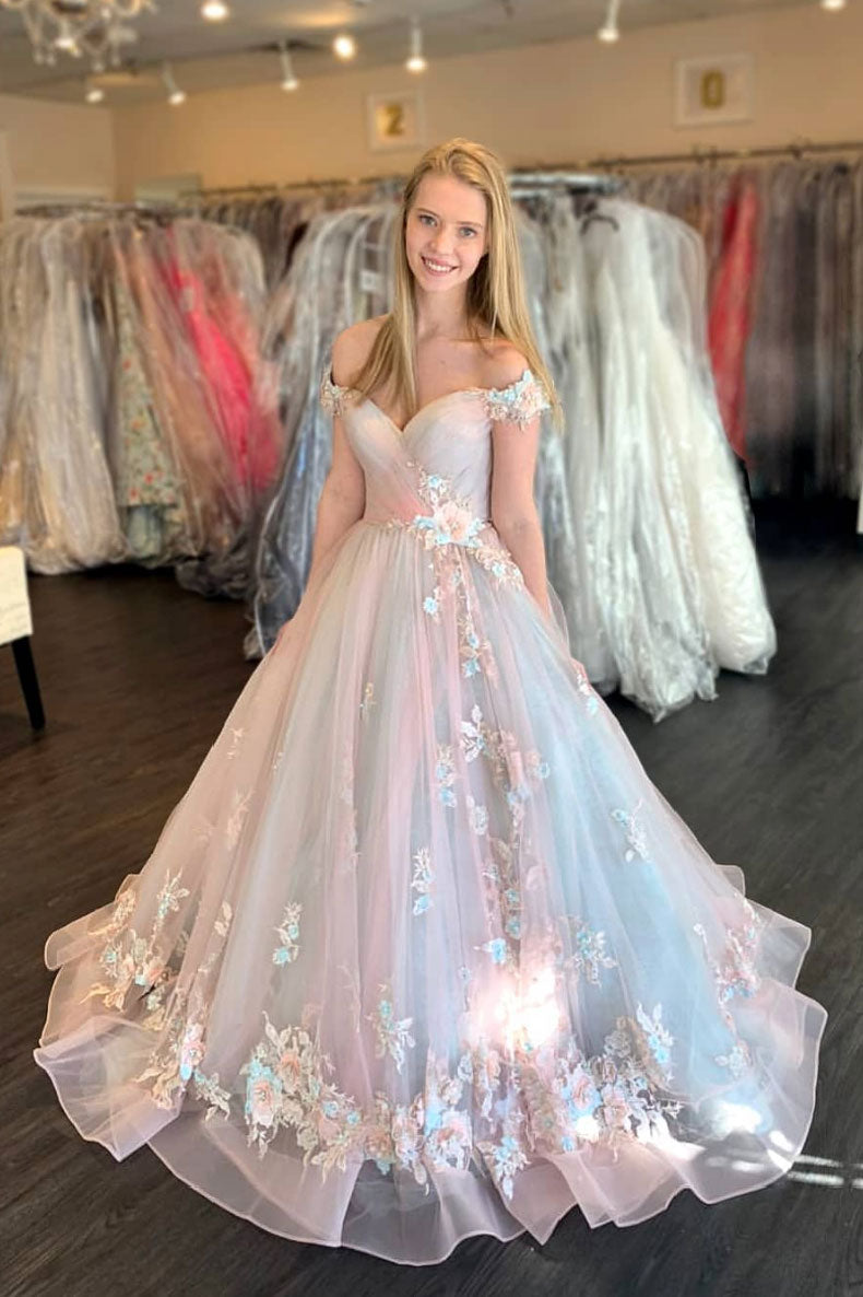 Elegant Tulle Sweetheart Pink Blue Prom Dress, Princess Formal Gown