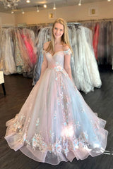 Elegant Tulle Sweetheart Pink Blue Prom Dress, Princess Formal Gown