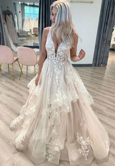 Elegant V-Neck Tulle Prom Dresses, Princess Long Wedding Dresses