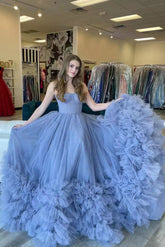 Dusty Blue Tulle Strapless Layered Prom Dress