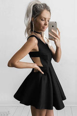 Black Short Homecoming Party Dress with Cut-out Side, Deep V-Neck