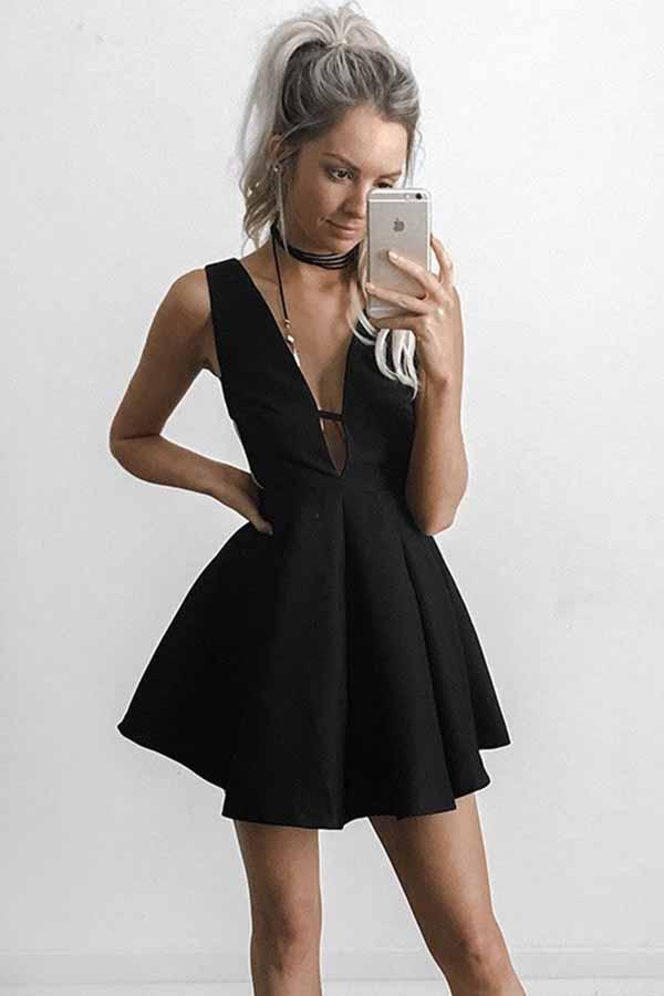 Black Short Homecoming Party Dress with Cut-out Side, Deep V-Neck