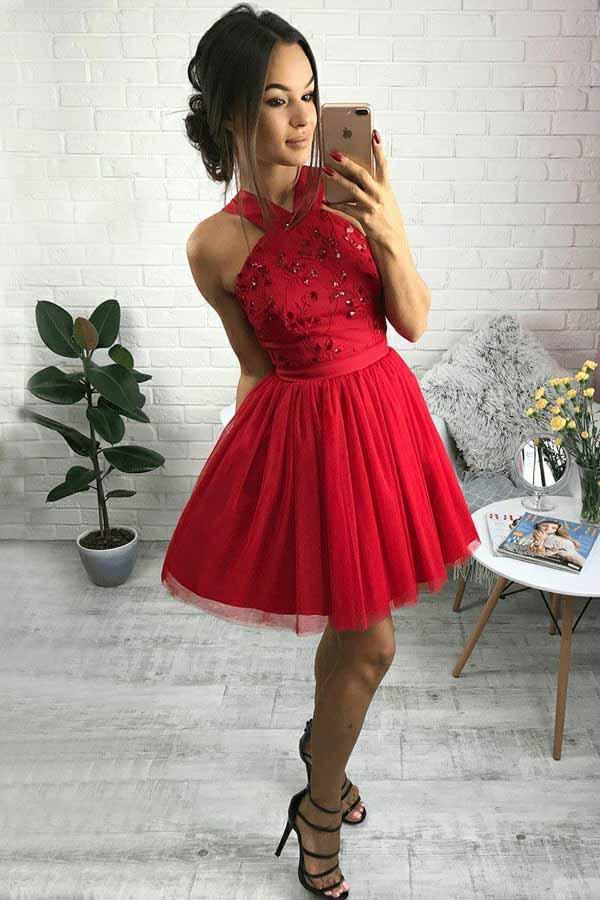 Cute Red Sweet 15 Dress, A-Line Cross Neck Beading Homecoming Dress