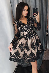 Black Lace Appliques Long Sleeves Short Prom Homecoming Dress